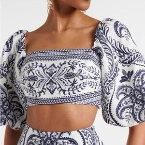 FARM Rio Tropical Cameo Linen Puff Sleeve Crop Top XS